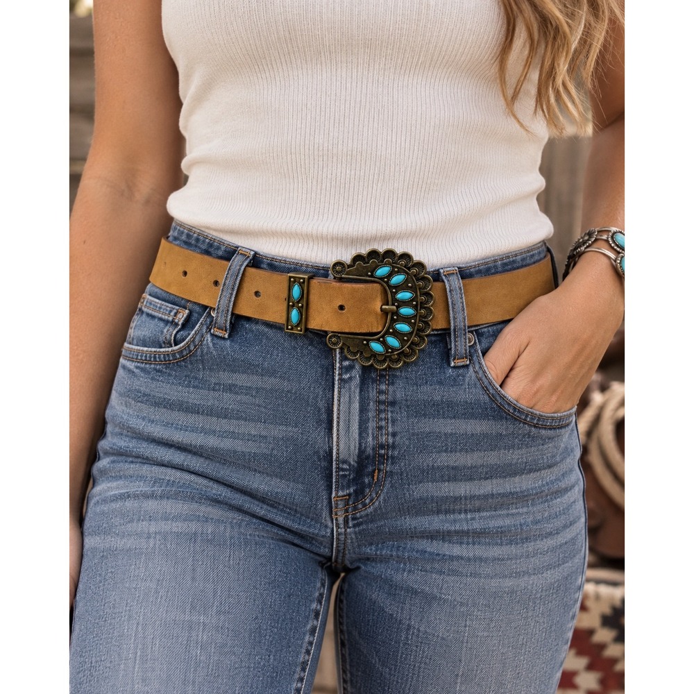 Tan Faux Suede Western Belt Turquoise Stone Buckle Boho Rustic Cowgirl Festival